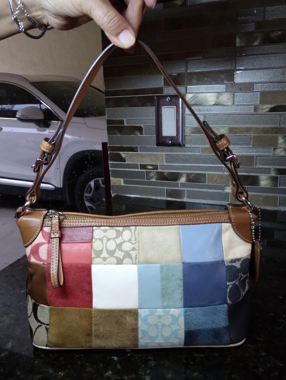 COACH Patchwork Shoulder Bag with Tan Leather Trim 💙❤️🤍🤎